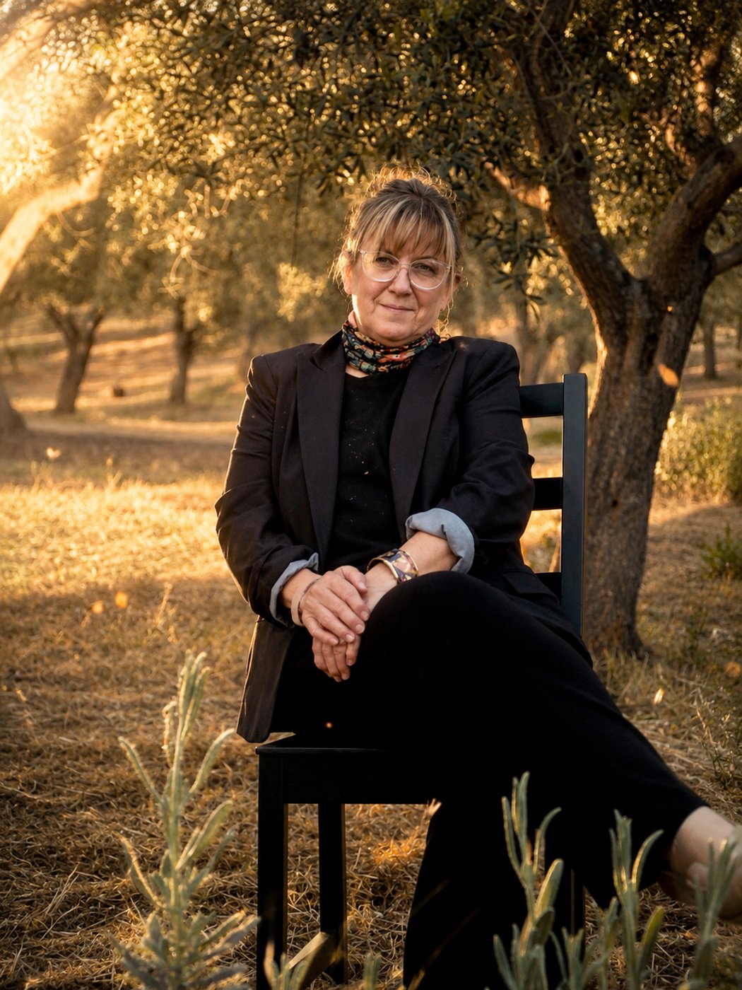 Jan Elizabeth Savolainen seated in an olive grove in Puglia, Italy